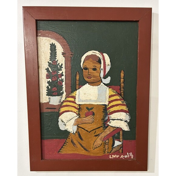 Vintage Primitive Folk Art Painting On Board Girl With Apple Portrait PA Dutch - Picture 2 of 9